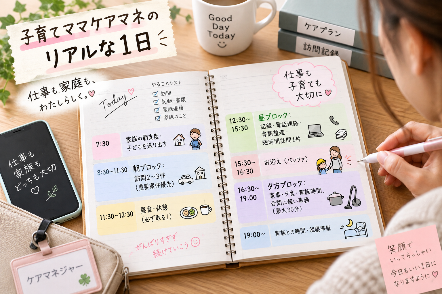手帳に朝・昼・夕方の3つの時間ブロックを書き込んだ実際のページ