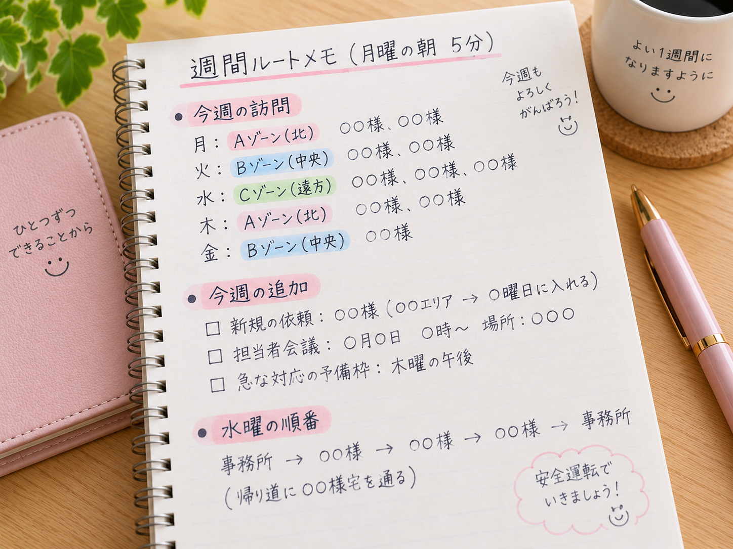 週間ルートメモの書き方を示したイメージ図