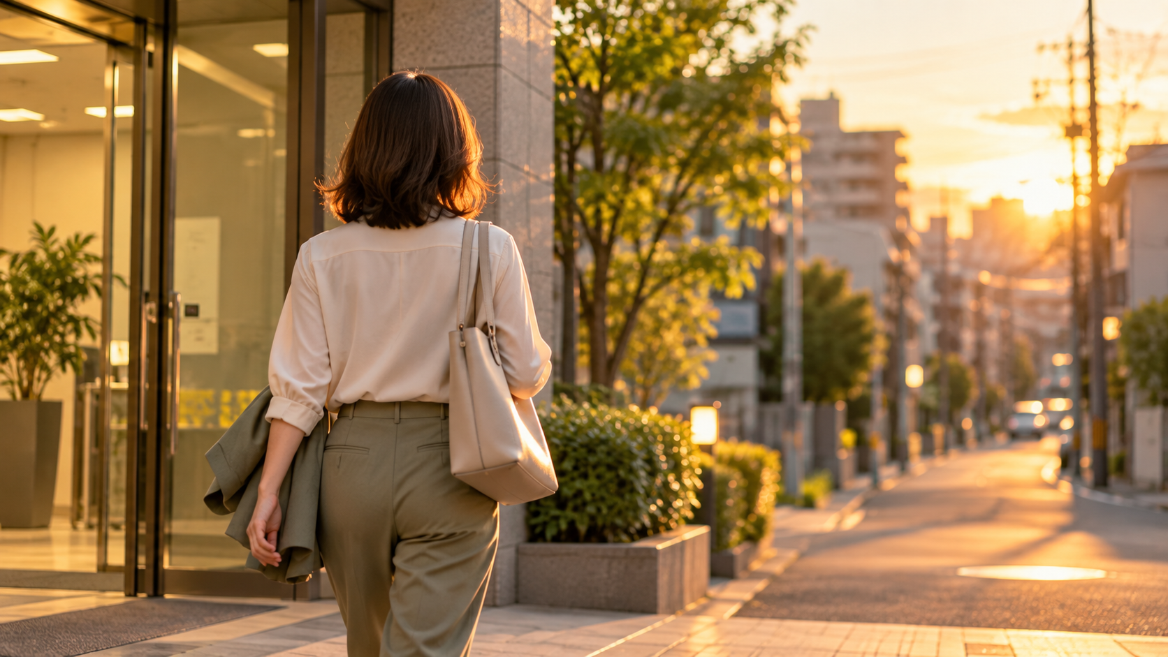 夕方の光の中、オフィスビルを出て帰路につく女性の後ろ姿